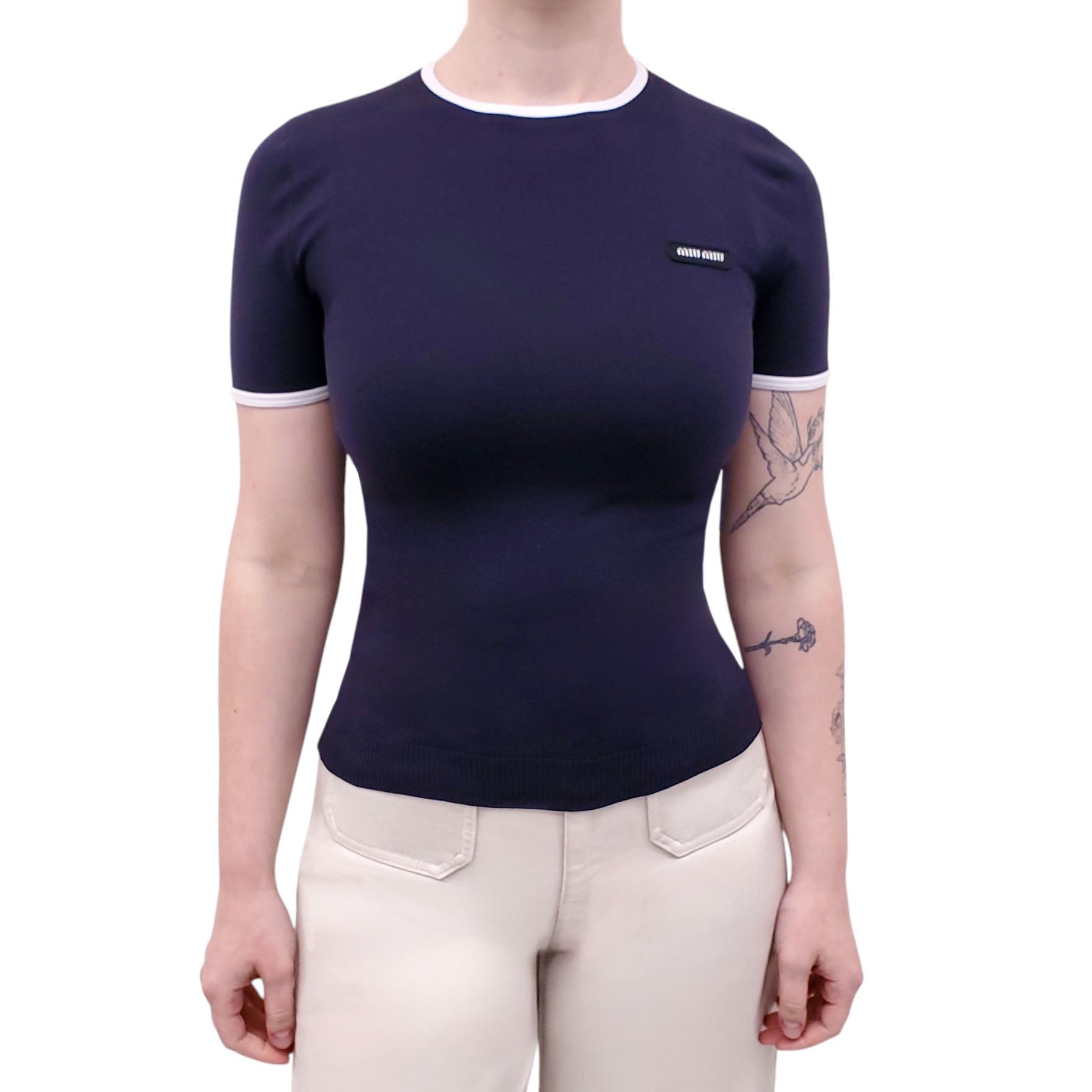 MIU MIU NAVY TECHNICAL YARN CREWNECK SHORT-SLEEVE SWEATER - SIZE 38