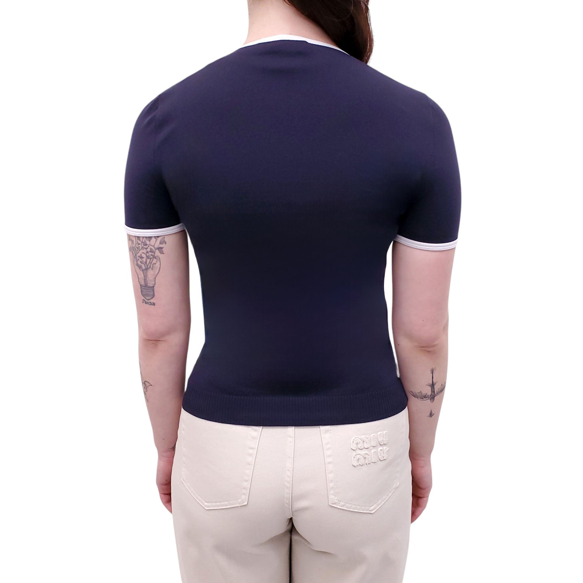 MIU MIU NAVY TECHNICAL YARN CREWNECK SHORT-SLEEVE SWEATER - SIZE 38