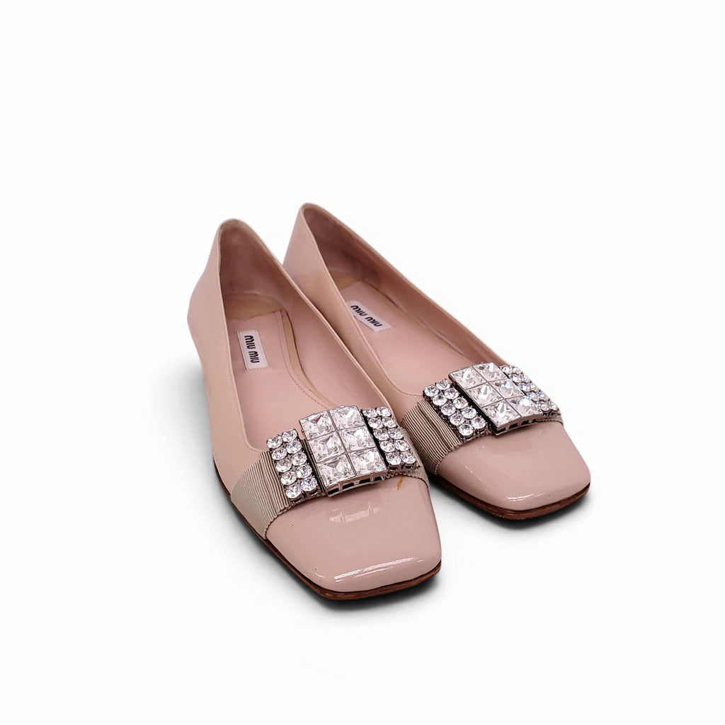 MIU MIU NUDE FLATS WITH CRYSTAL EMBLEM - SIZE 38