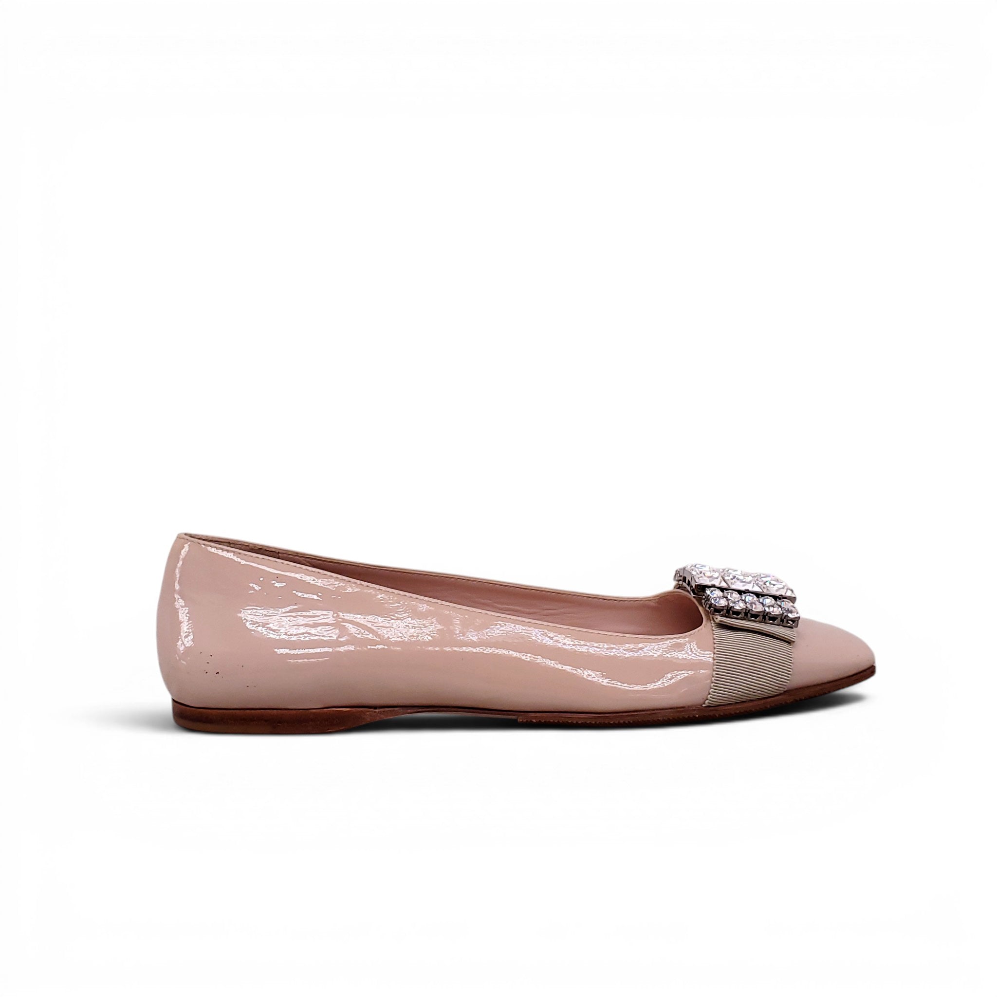 MIU MIU NUDE FLATS WITH CRYSTAL EMBLEM - SIZE 38