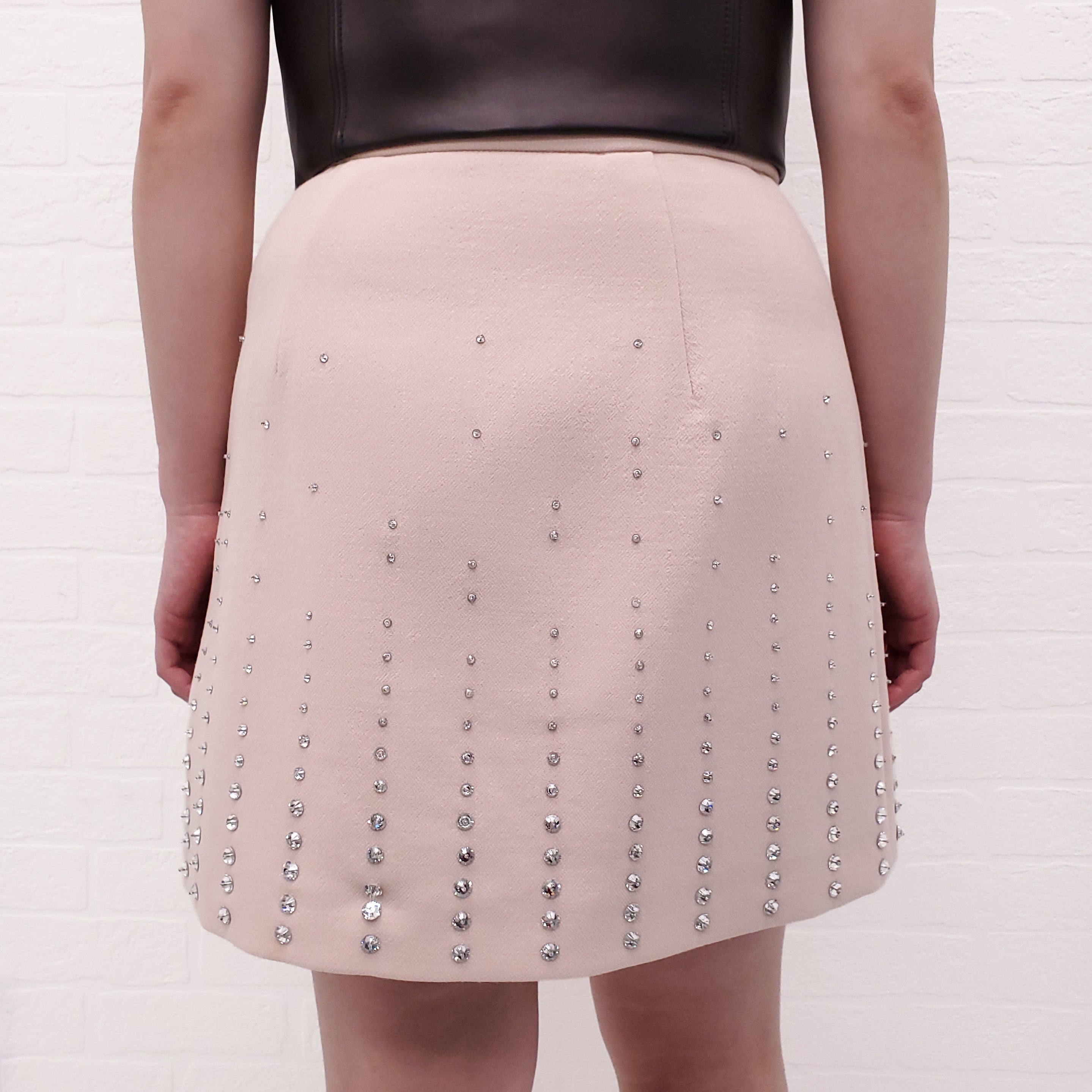 MIU MIU PINK A-LINE WOOL MINI SKIRT WITH CRYSTAL STUDS - SIZE 42