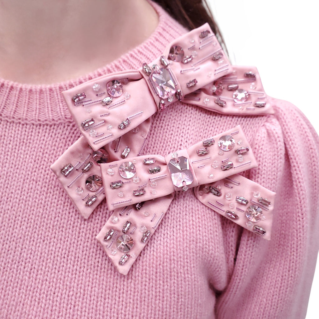 MIU MIU PINK CASHMERE SWEATER WITH CRYSTAL BOW DETAILS - SIZE 40