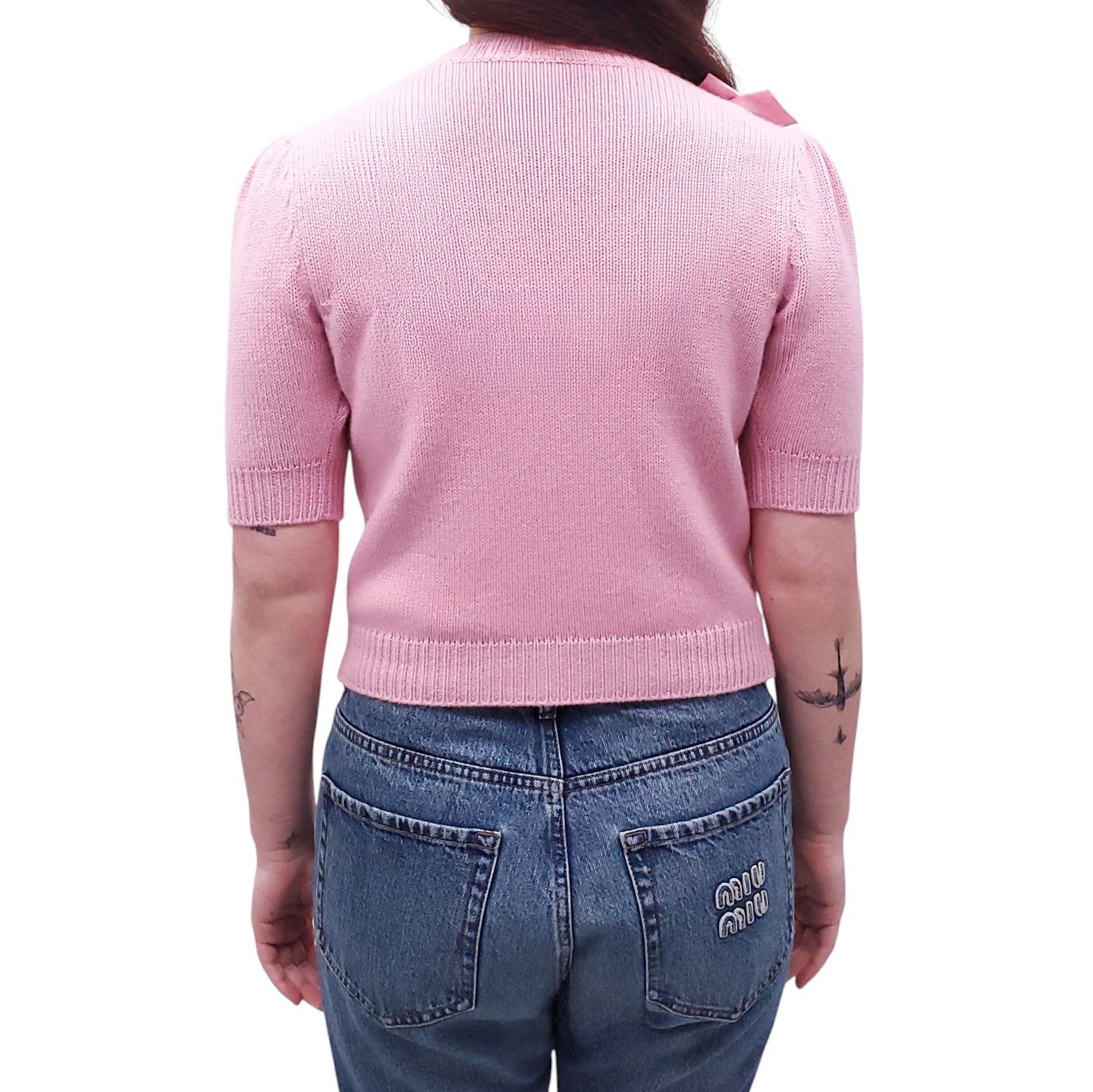 MIU MIU PINK CASHMERE SWEATER WITH CRYSTAL BOW DETAILS - SIZE 40