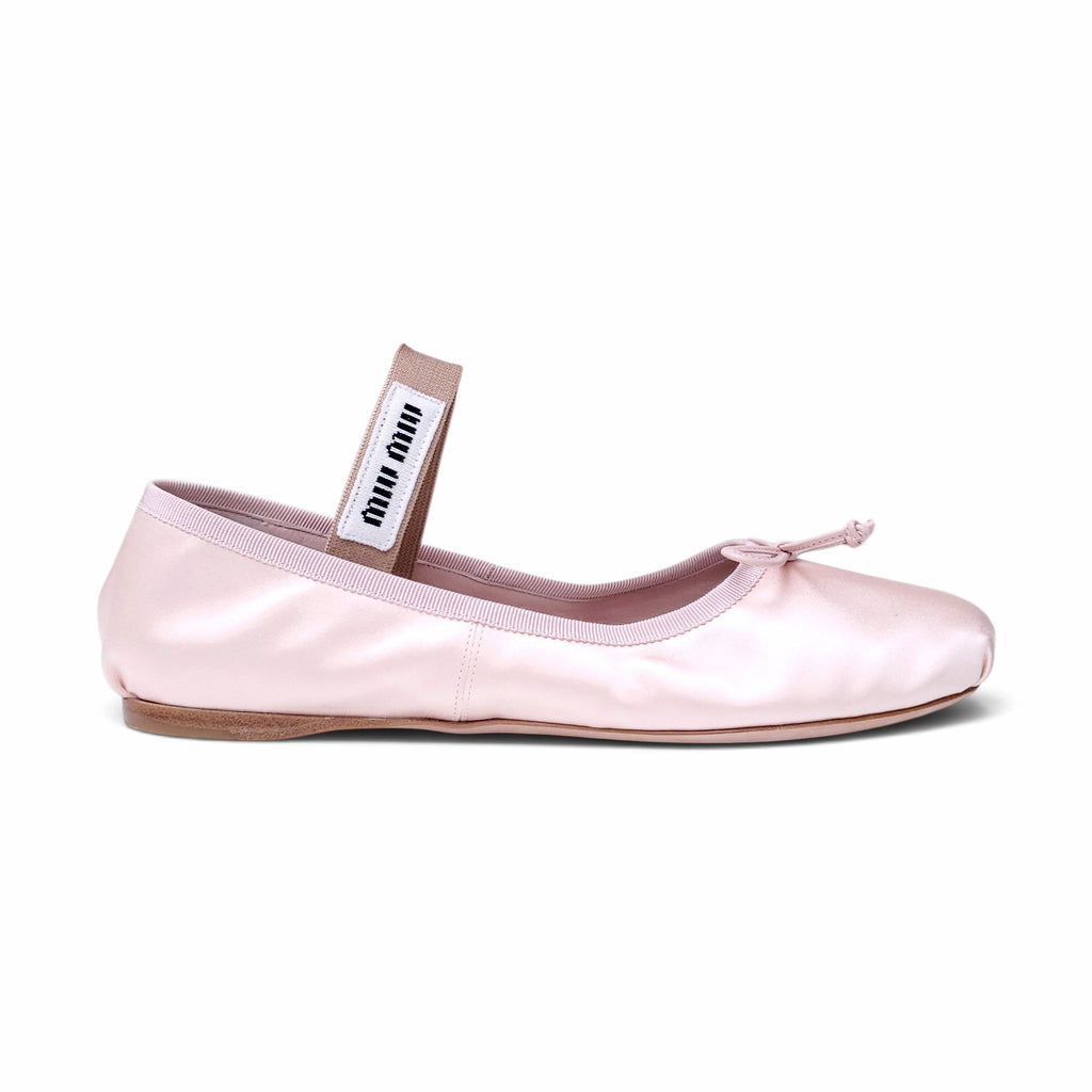MIU MIU PINK SATIN BALLERINA LOGO FLATS - SIZE 39