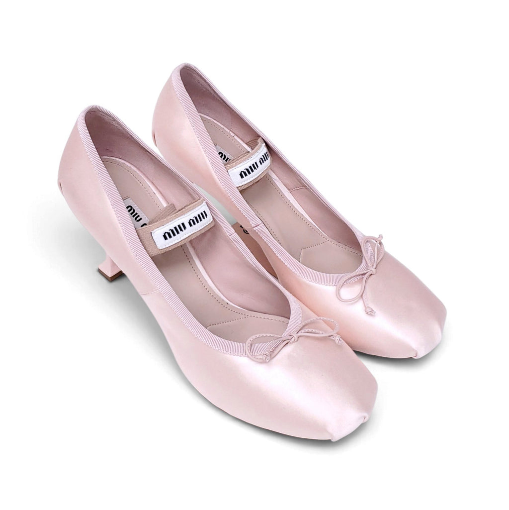 MIU MIU PINK SATIN BALLERINA LOGO HEELS - SIZE 41