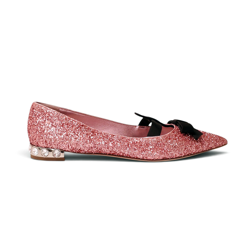 MIU MIU PINK SEQUIN FLATS WITH BOW - SIZE 39.5