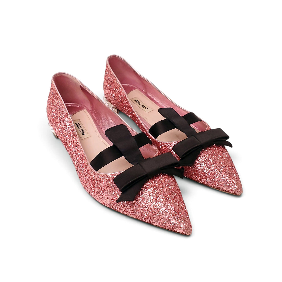 MIU MIU PINK SEQUIN FLATS WITH BOW - SIZE 39.5