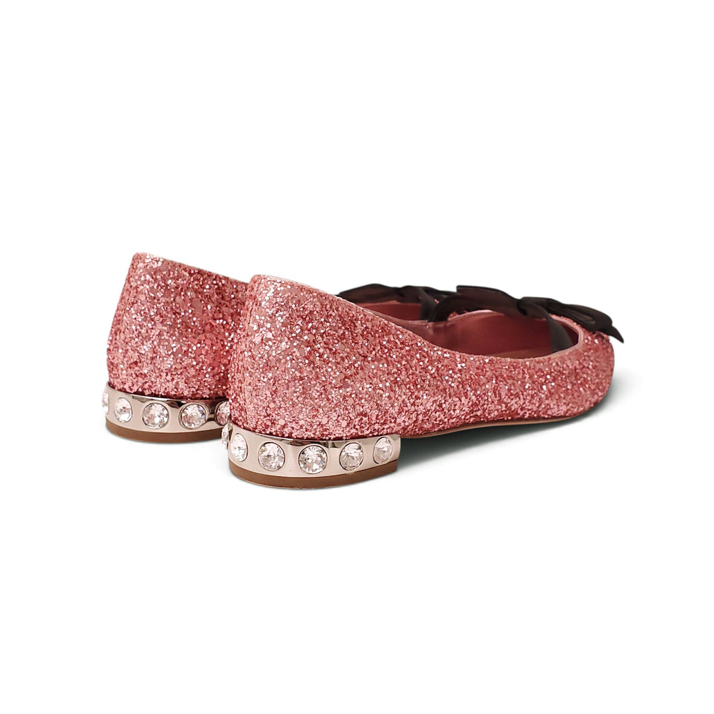 MIU MIU PINK SEQUIN FLATS WITH BOW - SIZE 39.5