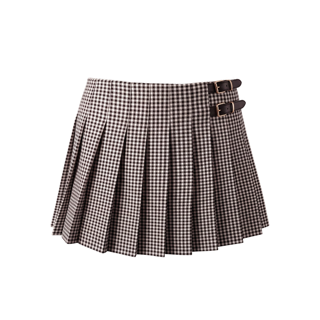 MIU MIU PLAID SKIRT WITH LEATHER BUCKLE DETAILS - SIZE 36