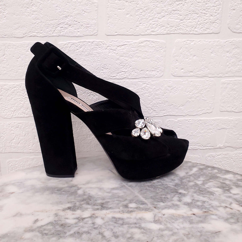 MIU MIU PLATFORM HEELS WITH RHINESTONE DETAILS - SIZE 39.5