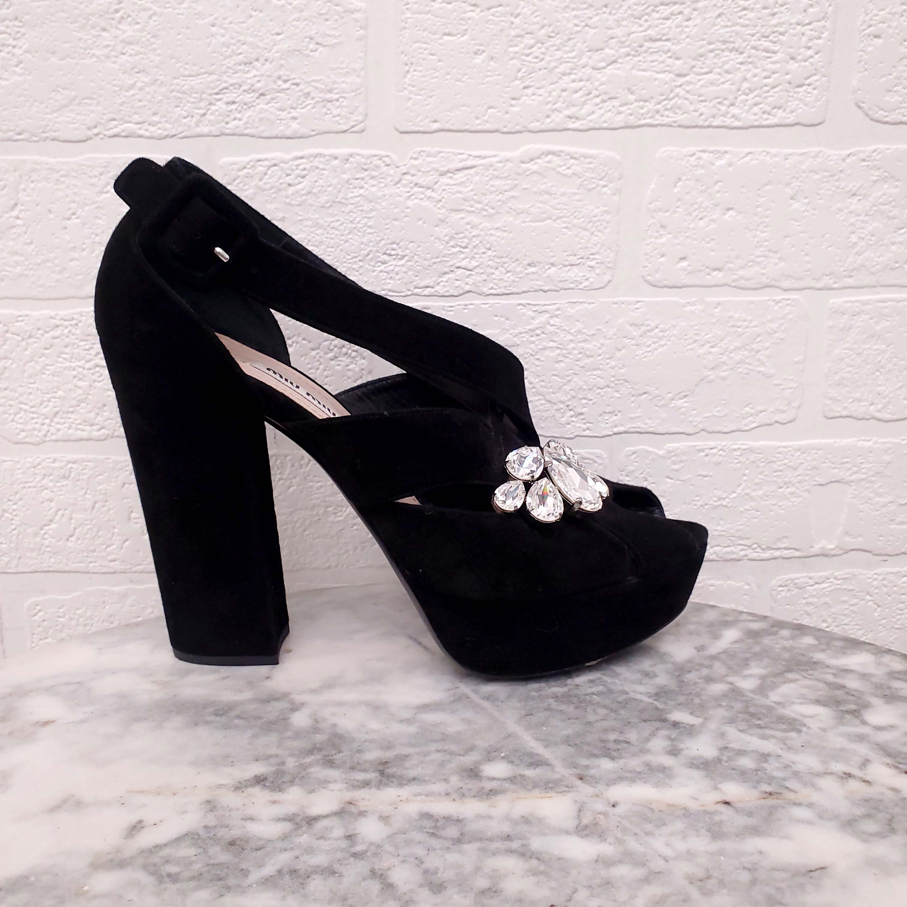 MIU MIU PLATFORM HEELS WITH RHINESTONE DETAILS - SIZE 39.5