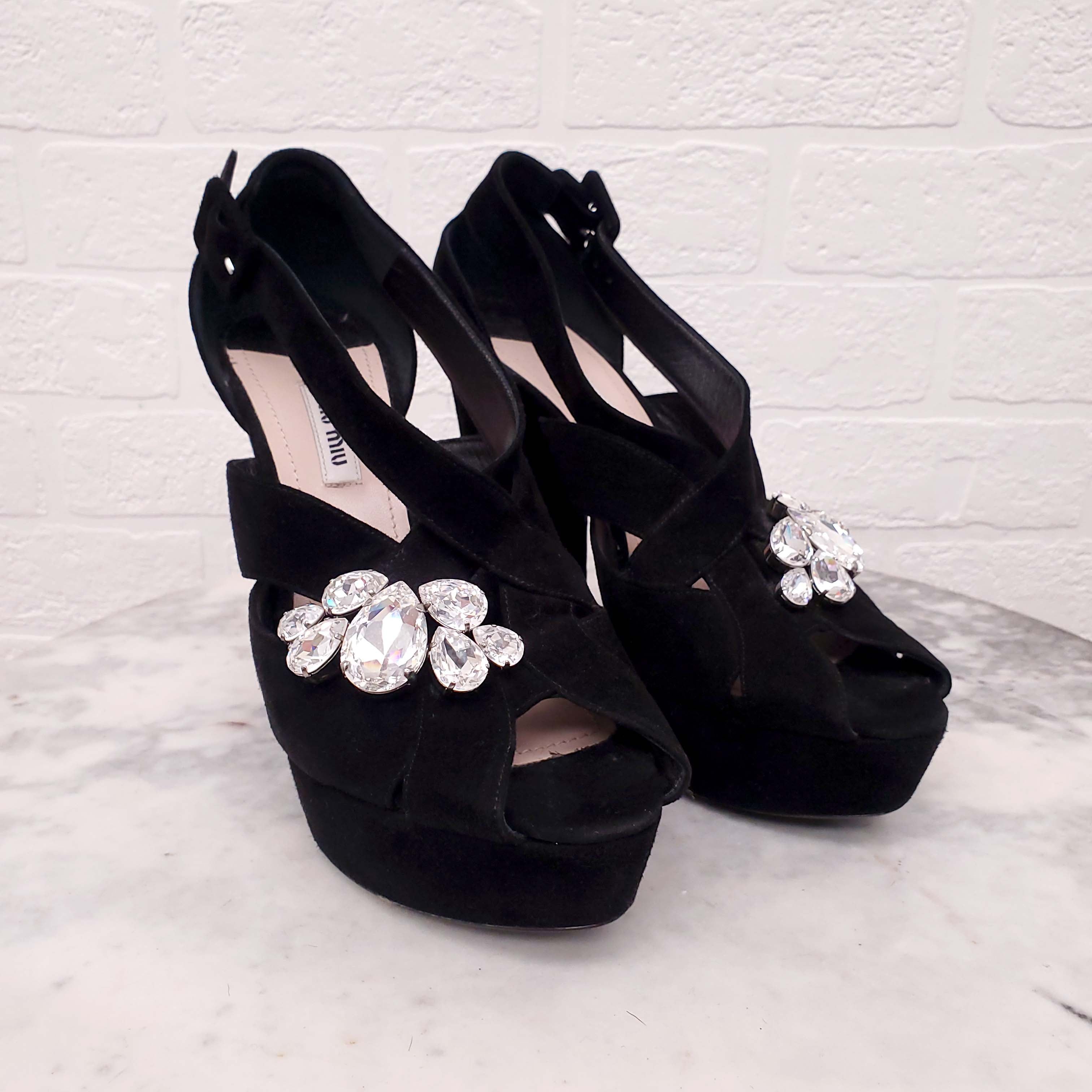 MIU MIU PLATFORM HEELS WITH RHINESTONE DETAILS - SIZE 39.5