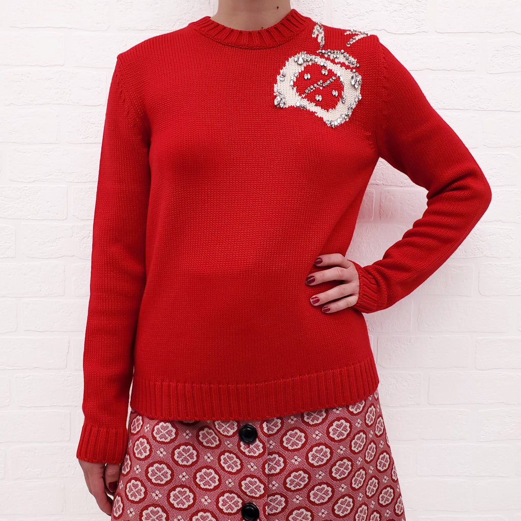 MIU MIU RED WOOL SWEATER WITH CRYSTAL DETAILS  -SIZE 38