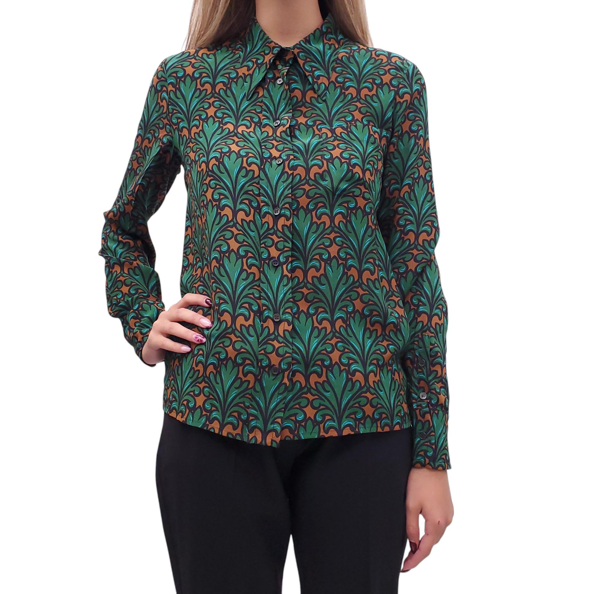 MIU MIU SILK GREEN PATTERNED BLOUSE - SIZE 42