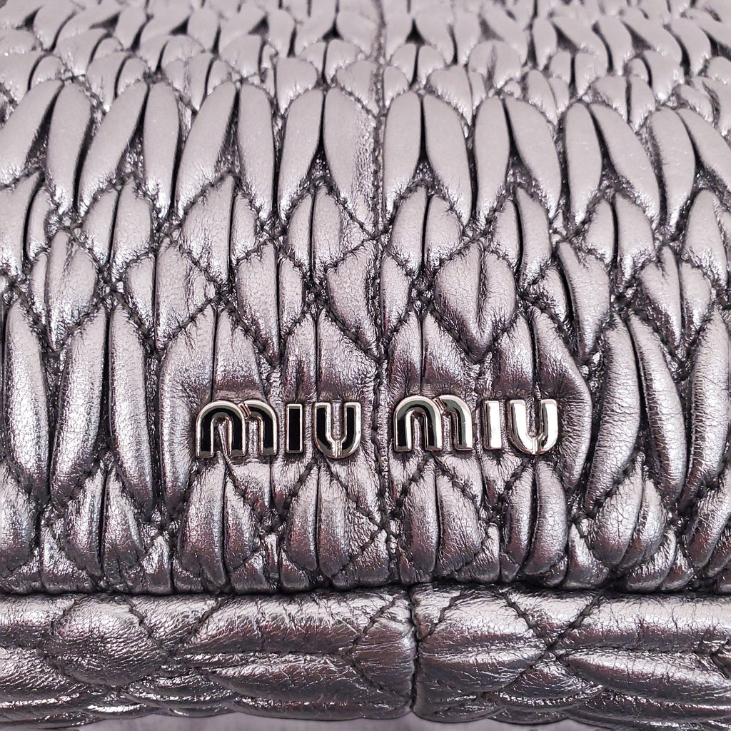 MIU MIU SILVER RUCHED BAG WITH CRYSTAL DETAIL