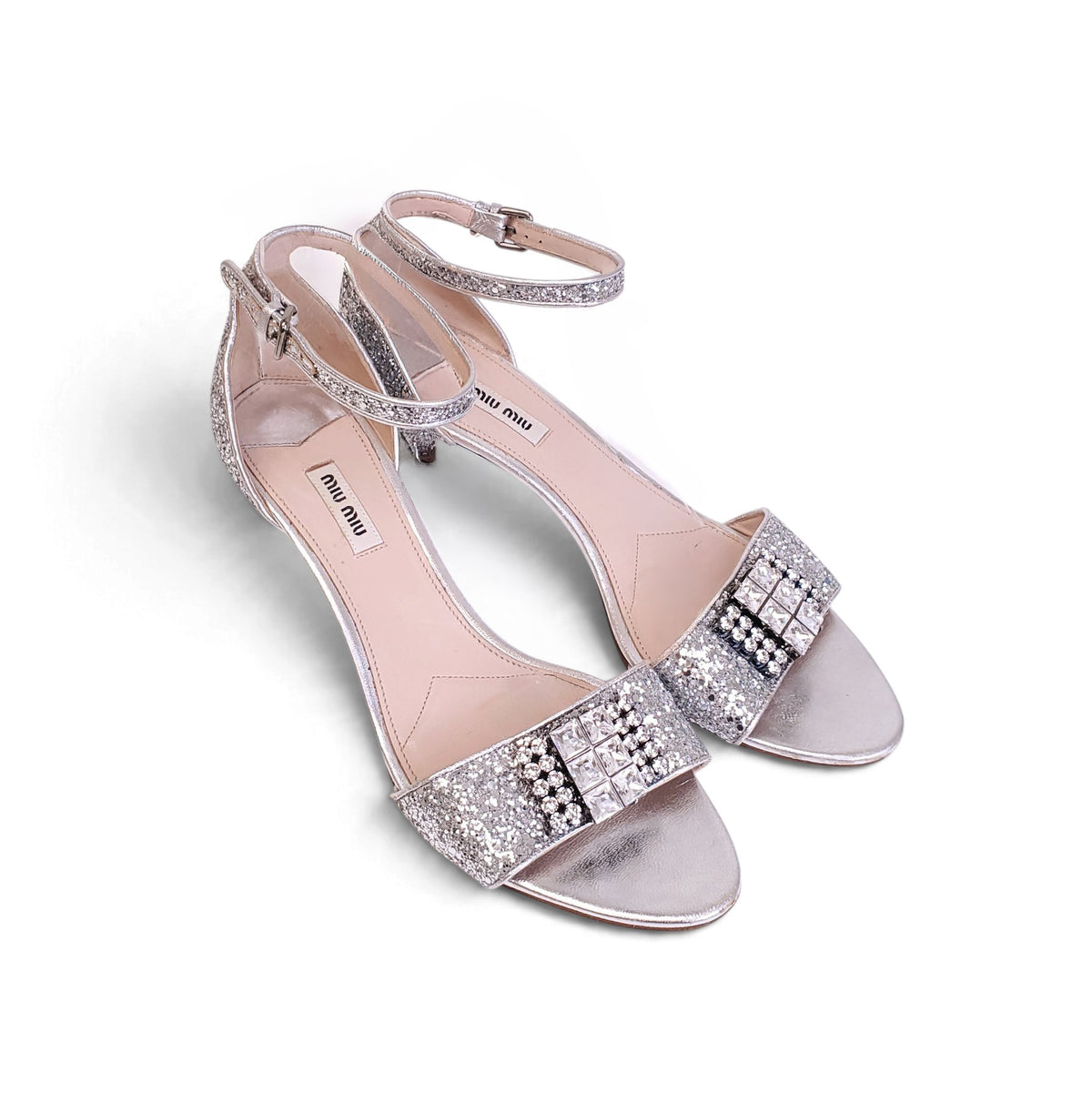 MIU MIU SILVER SEQUIN KITTEN HEELS WITH RHINESTONES - SIZE 41