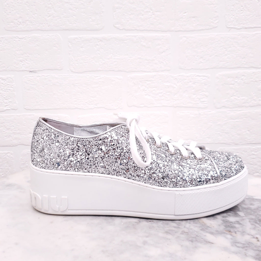 MIU MIU SILVER SEQUIN LOGO SNEAKERS - SIZE 37