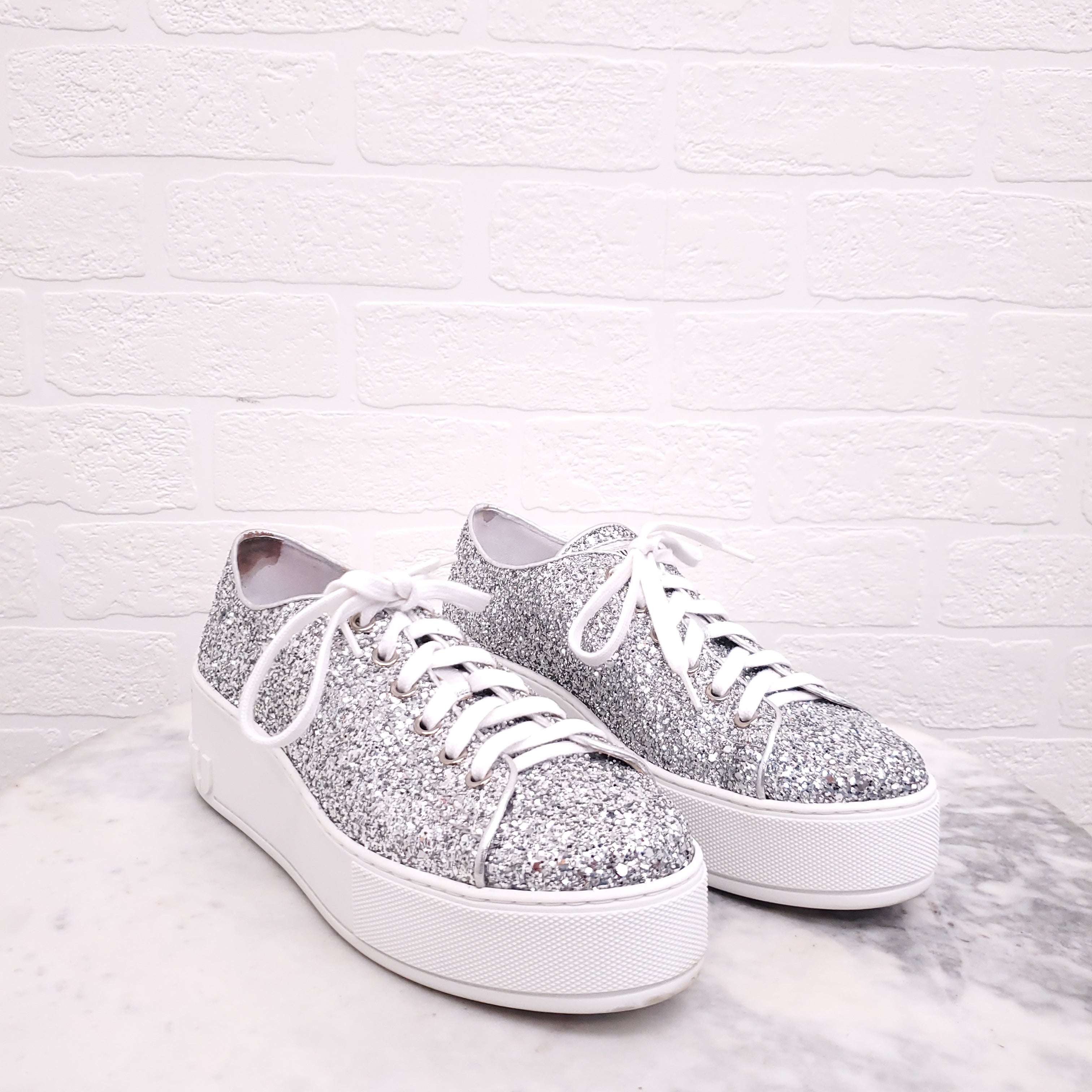 MIU MIU SILVER SEQUIN LOGO SNEAKERS - SIZE 37