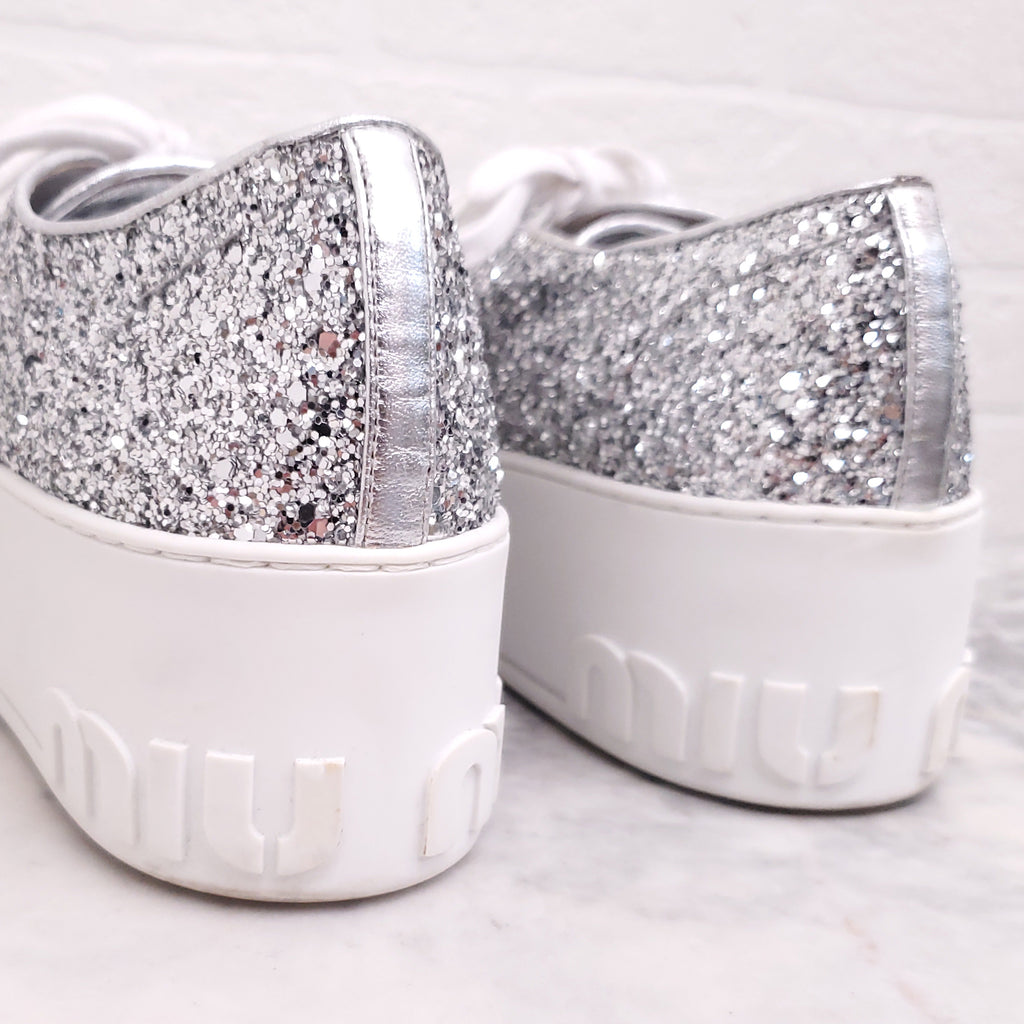 MIU MIU SILVER SEQUIN LOGO SNEAKERS - SIZE 37