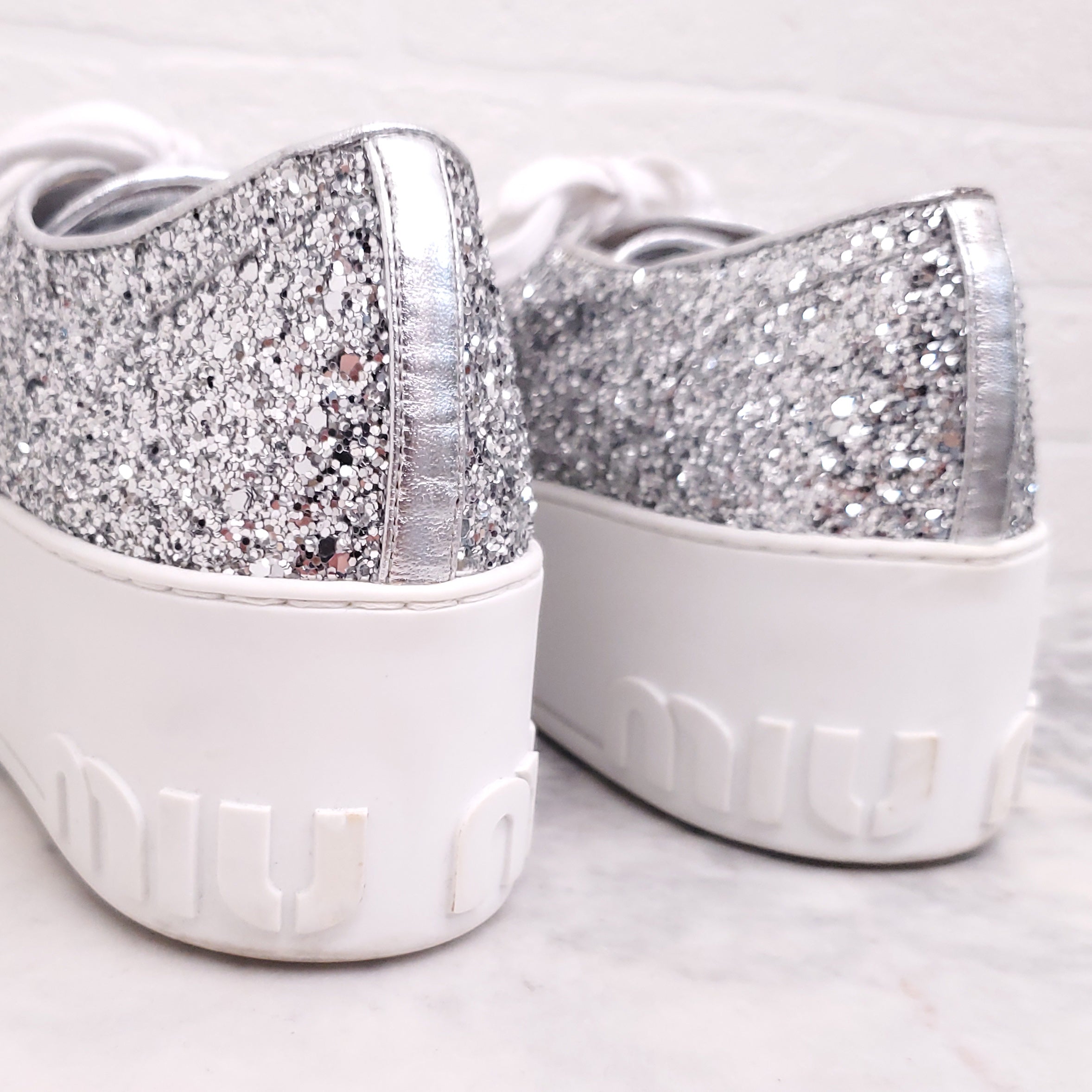 MIU MIU SILVER SEQUIN LOGO SNEAKERS - SIZE 37