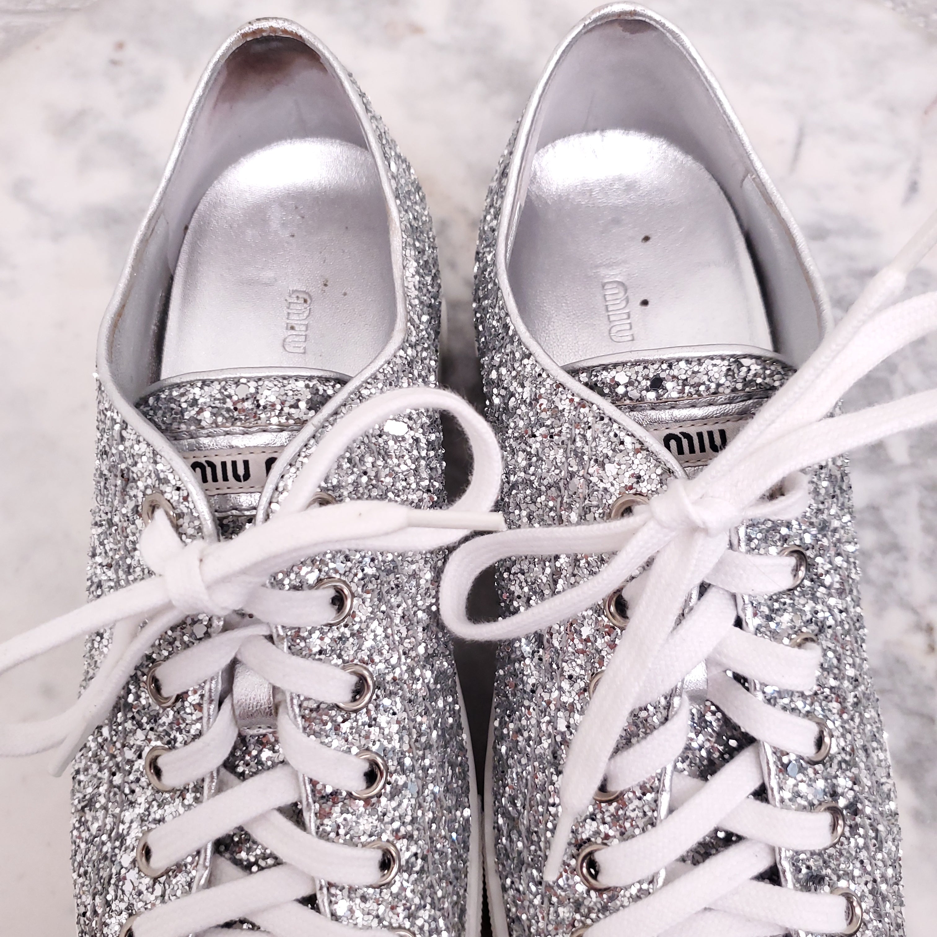 MIU MIU SILVER SEQUIN LOGO SNEAKERS - SIZE 37