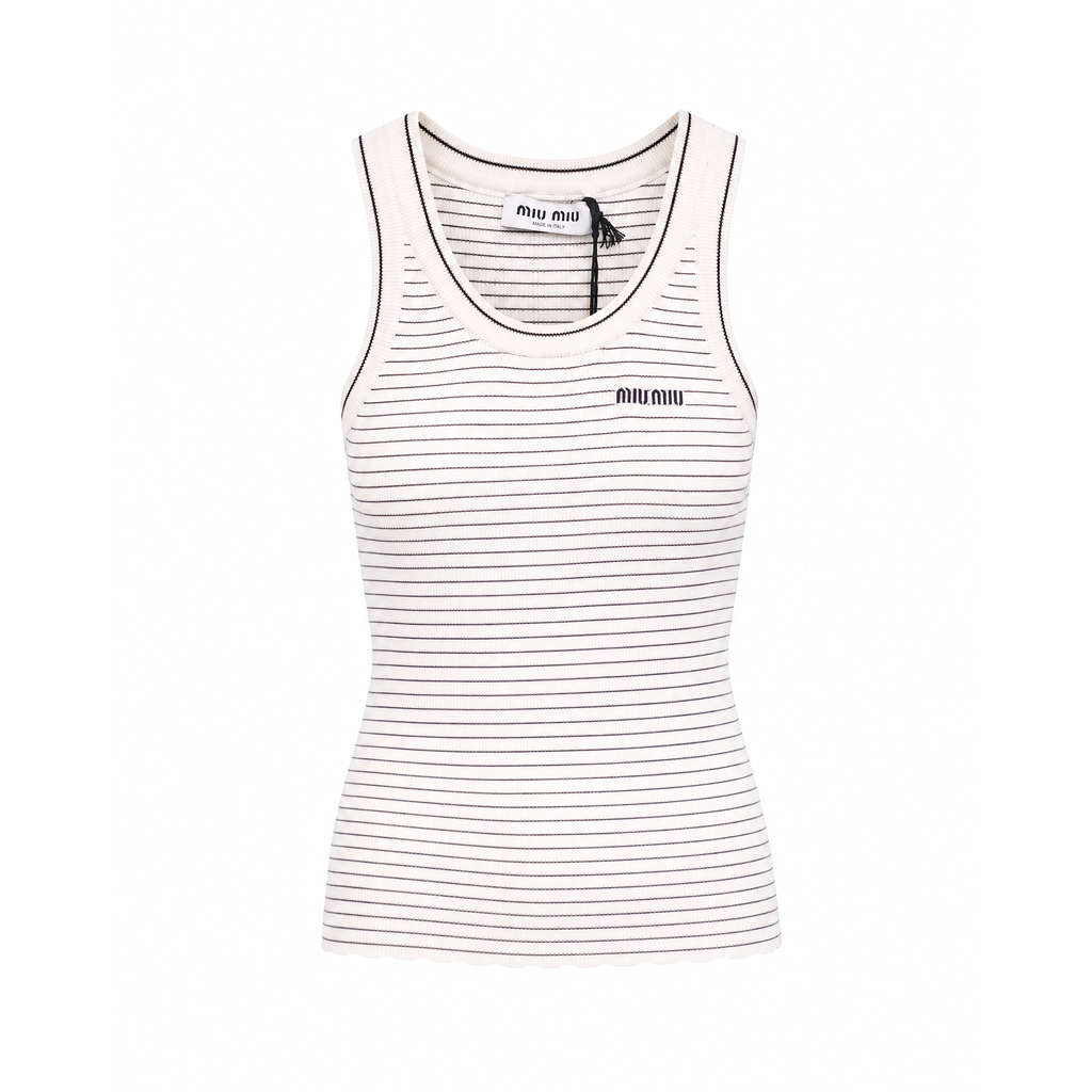 MIU MIU STRIPED KNIT LOGO TANK TOP - SIZE 36