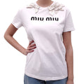 MIU MIU WHITE LOGO T-SHIRT WITH CRYSTAL AND PEARL BOW DETAILS - SIZE M
