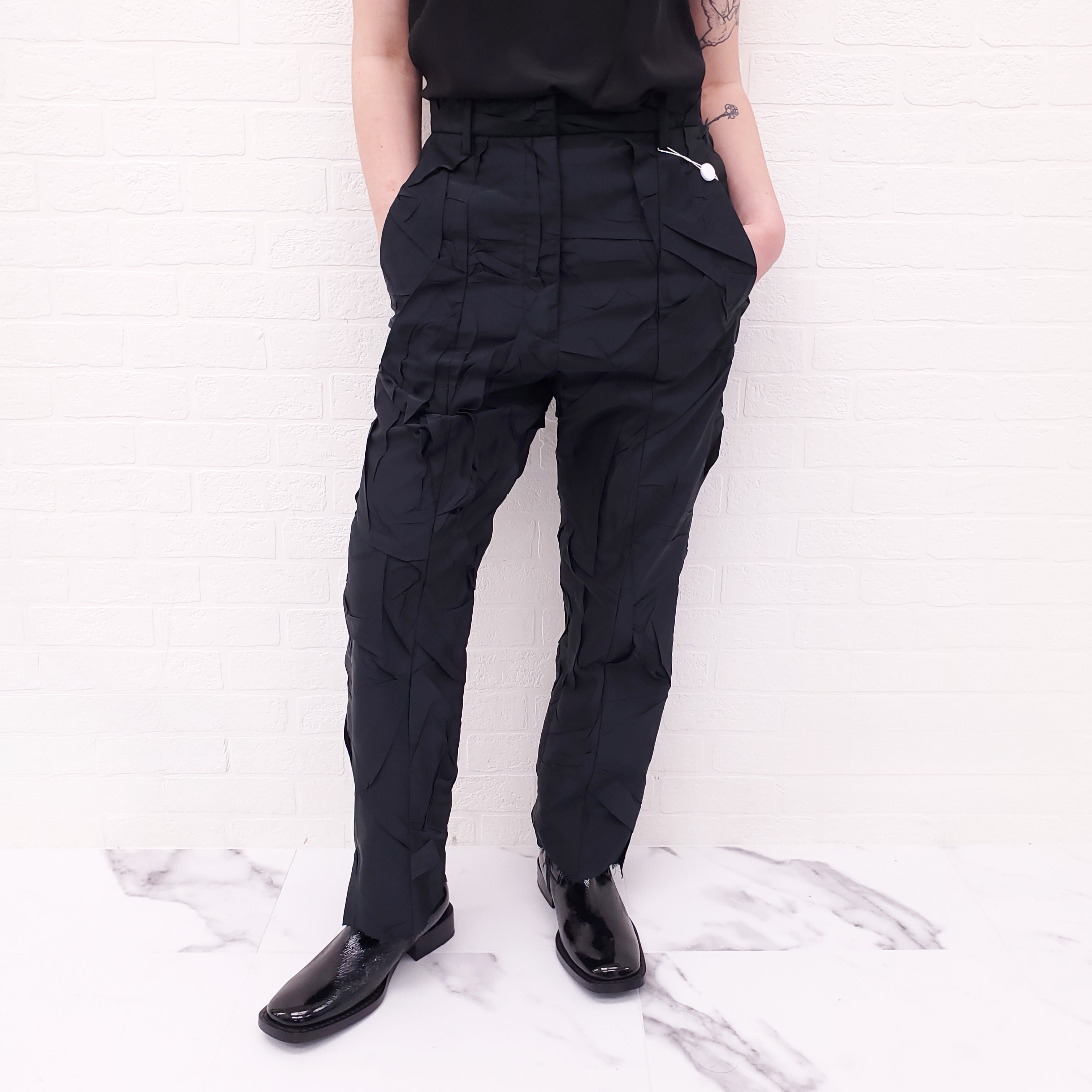 MM6 MAISON MARGIELA BLACK CRINKLED TROUSERS - SIZE 42