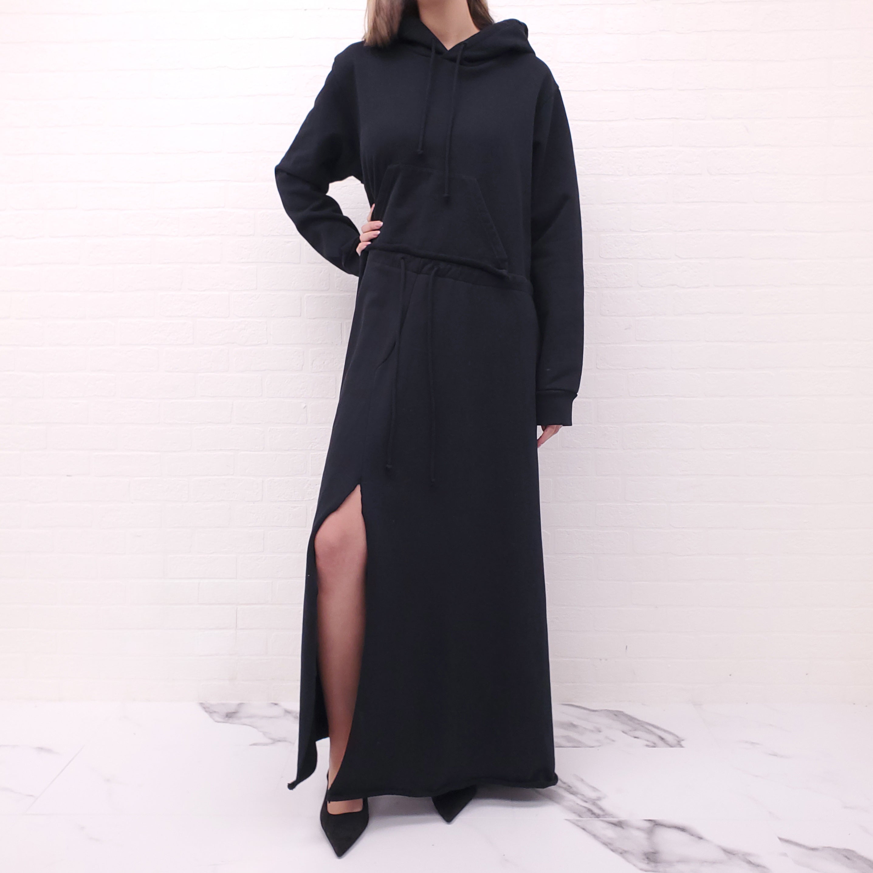 MM6 MAISON MARGIELA BLACK HOODIE SWEATSHIRT DRESS - SIZE XL