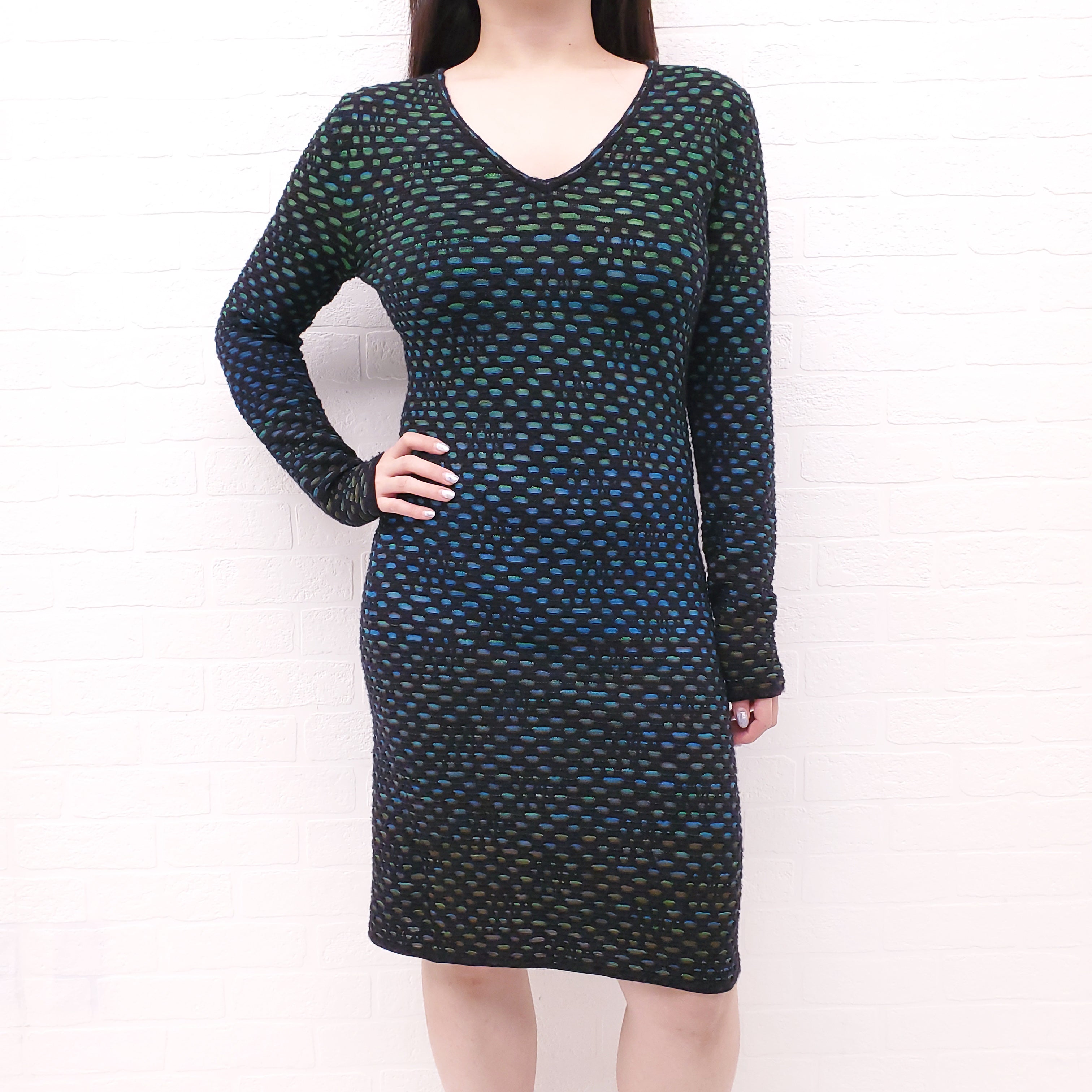 M MISSONI BLUE AND GREEN KNIT OMBRE LONG SLEEVE DRESS - SIZE 44