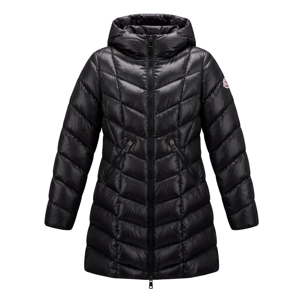 MONCLER BLACK LONG SHINE JACKET WITH LOGO - SIZE 2