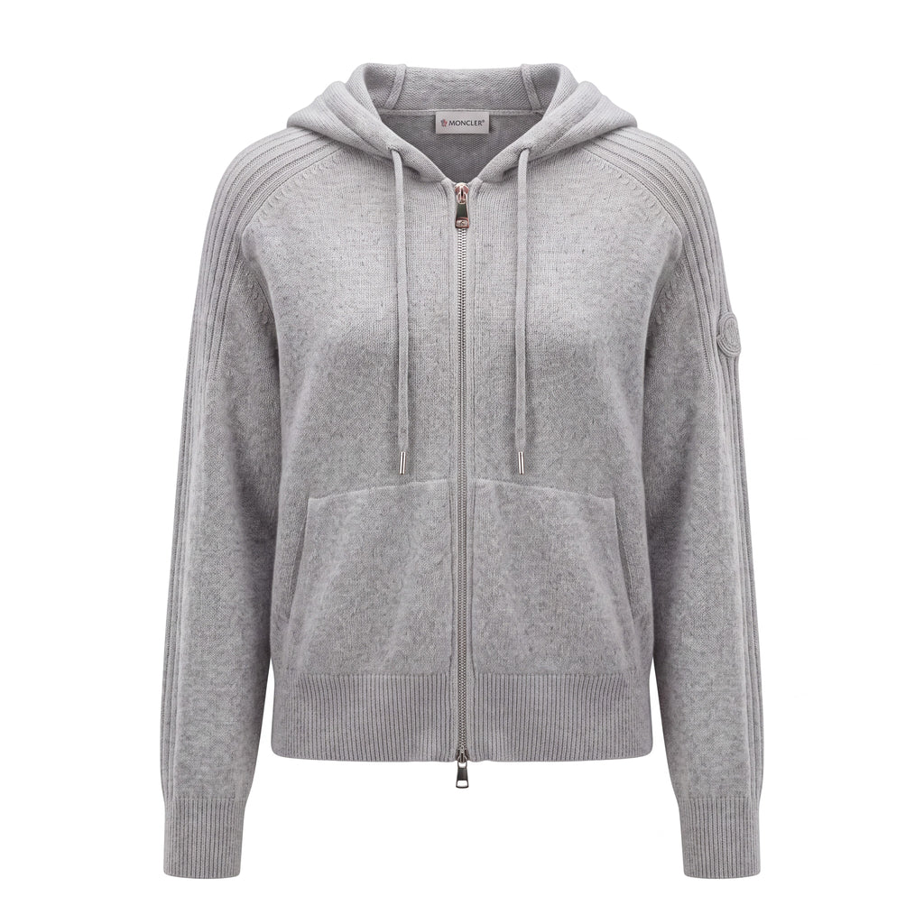 MONCLER GREY CASHMERE BLEND HOODIE WITH LOGO - SIZE S