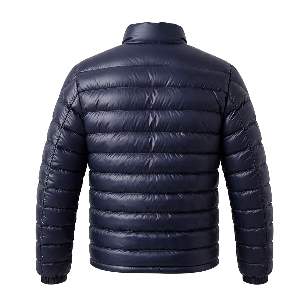 MONCLER NAVY PUFFER JACKET WITH RED AND BLUE ZIPPER AND LOGO - SIZE 1