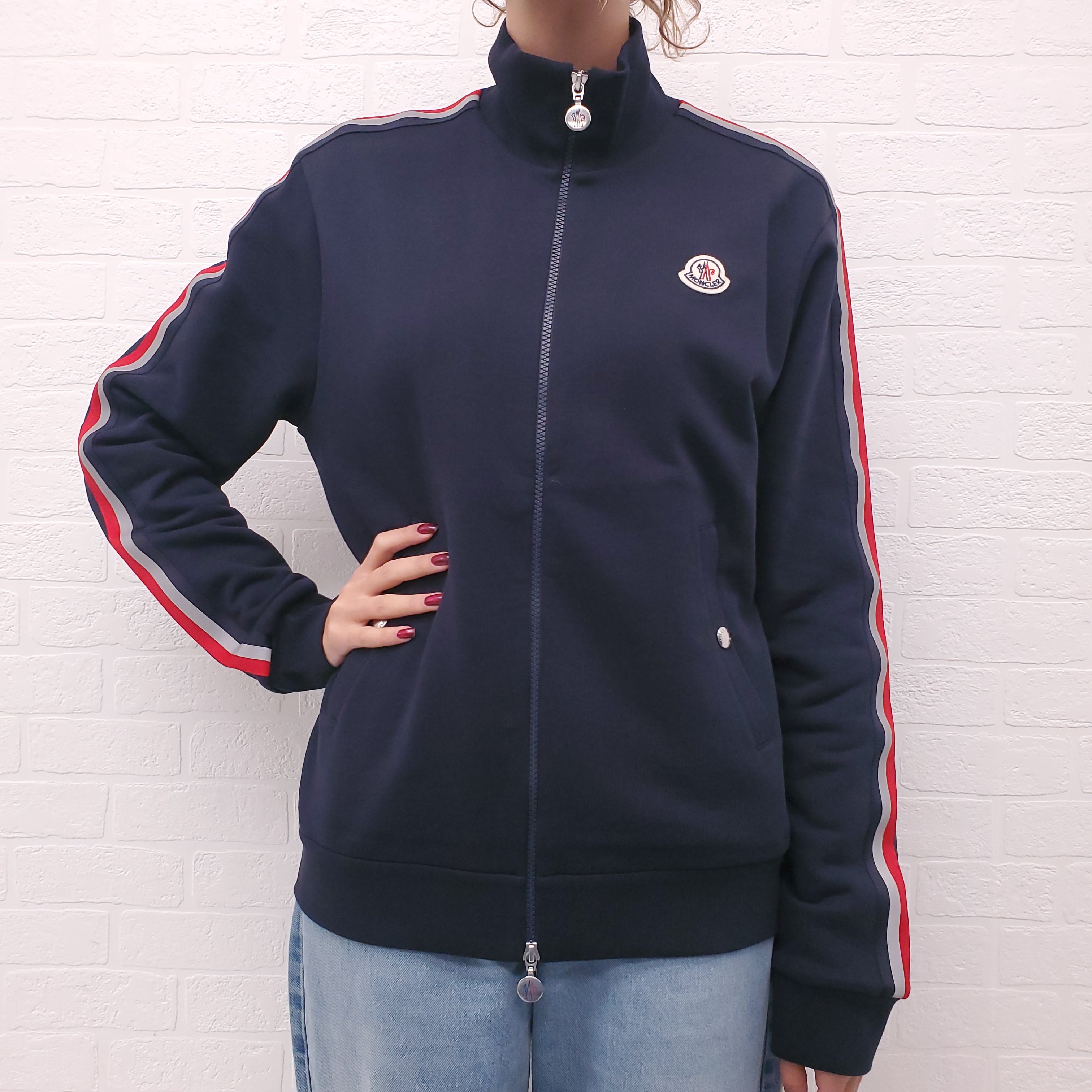 MONCLER UNISEX NAVY STRIPED ZIP UP SWEATSHIRT WITH LOGO - SIZE L MENS/XL WOMENS