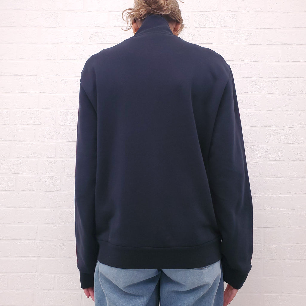 MONCLER UNISEX NAVY STRIPED ZIP UP SWEATSHIRT WITH LOGO - SIZE L MENS/XL WOMENS