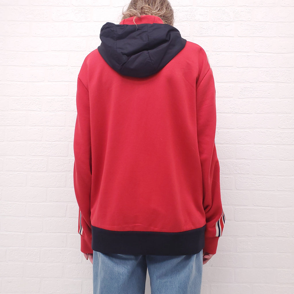 MONCLER UNISEX RED AND BLACK STRIPED SWEATSHIRT WITH PUFFER HOOD AND LOGO - SIZE XL