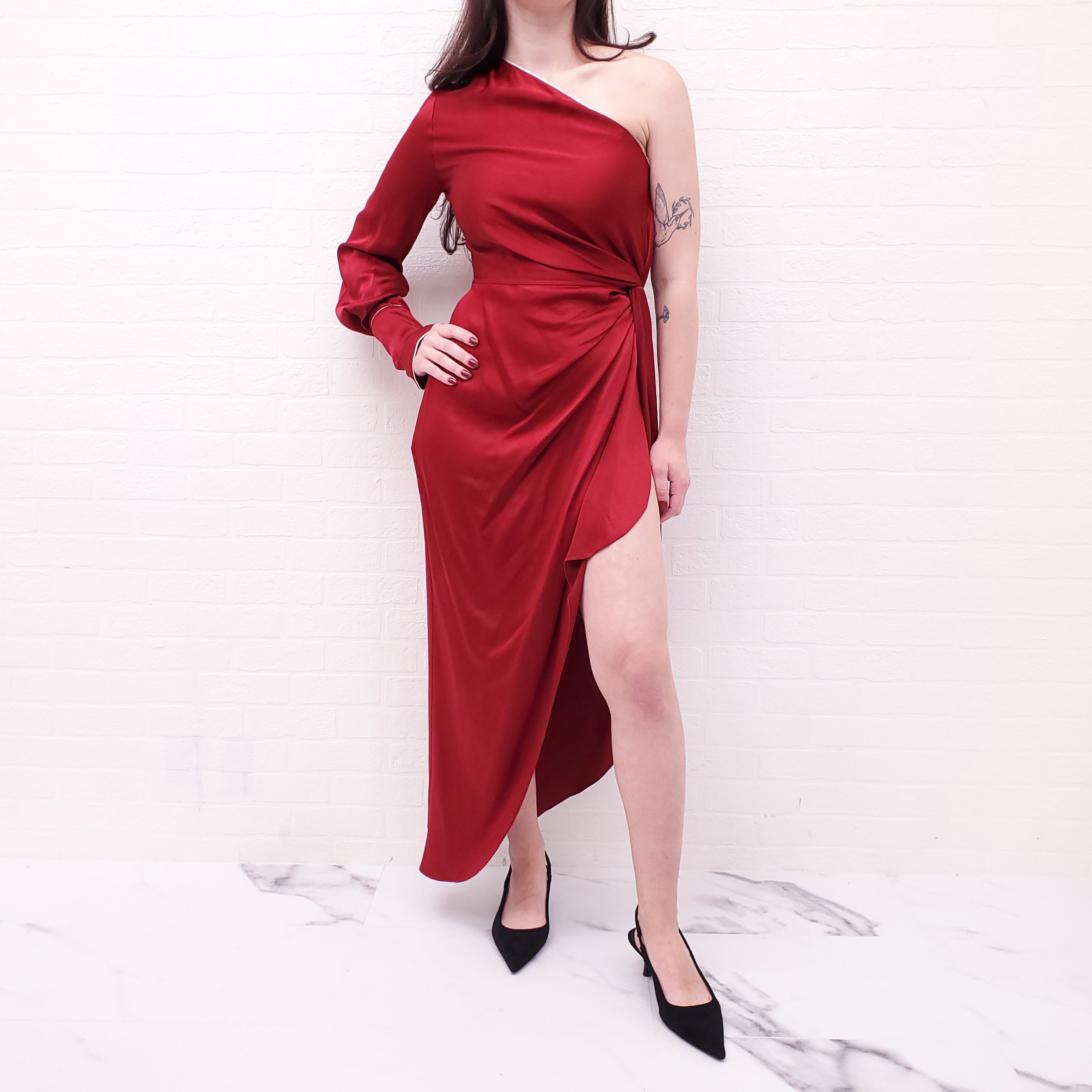 MONSE RED ONE SLEEVE DRAPED DRESS - SIZE 0