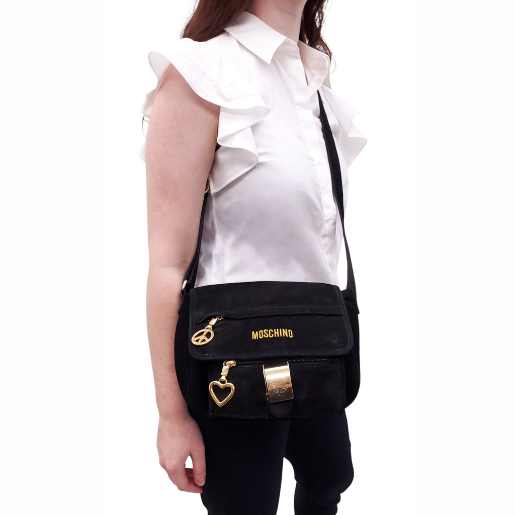 MOSCHINO BLACK SUEDE CROSSBODY BAG