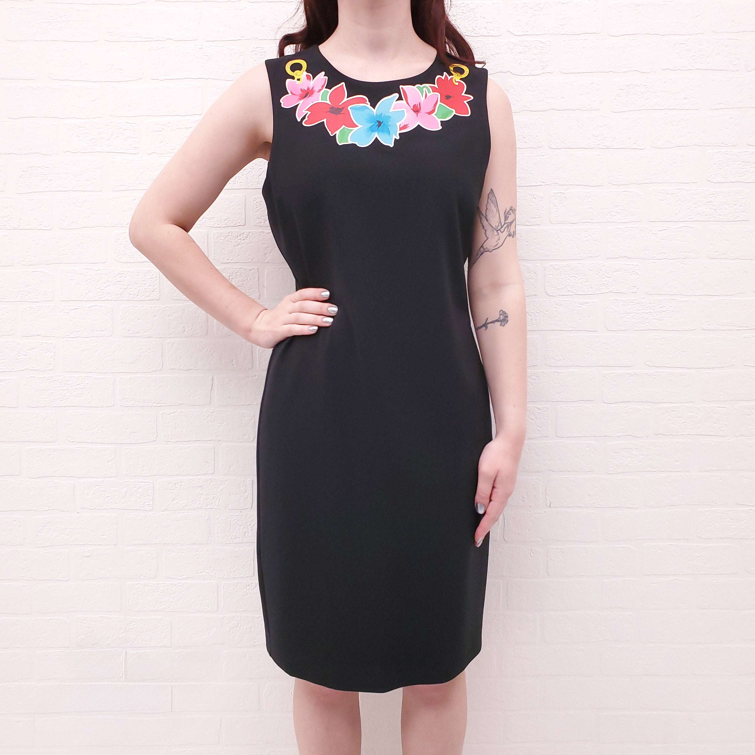 MOSCHINO BOUTIQUE BLACK DRESS WITH FLORAL DETAIL - SIZE 10
