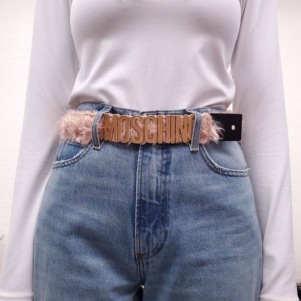MOSCHINO MONGOLIAN HAIR GOLD LOGO BELT - SIZE 42
