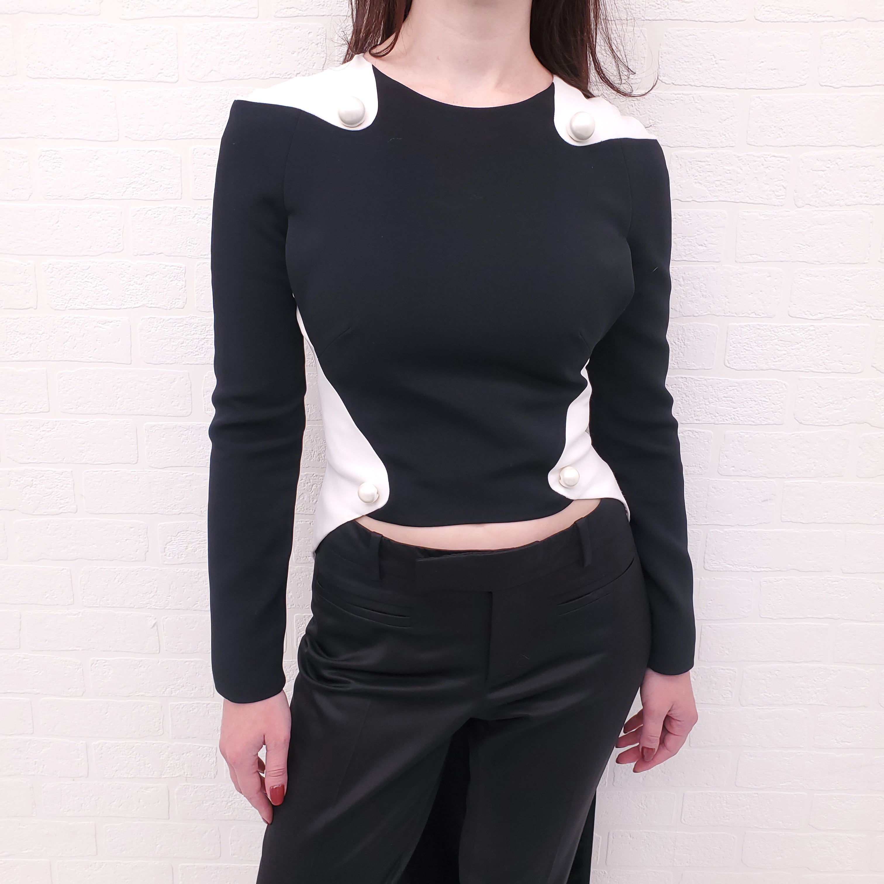 MUGLER BLACK AND WHITE ASYMMETRICAL BLOUSE WITH PEARLS AND TAIL DETAIL - SIZE S