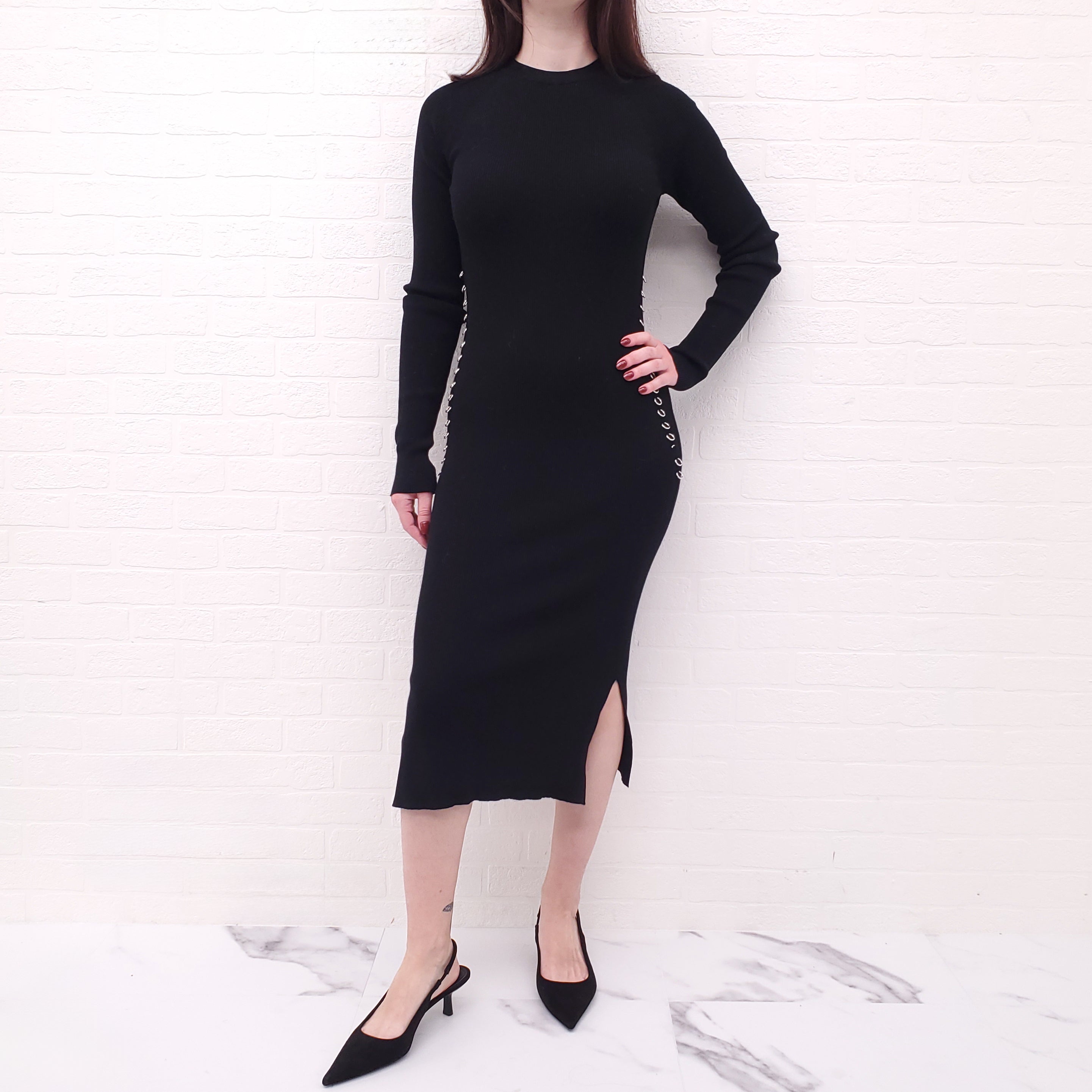 MUGLER BLACK RIBBED LONG SLEEVE DRESS WITH SILVER PIERCING DETAILS - SIZE XL