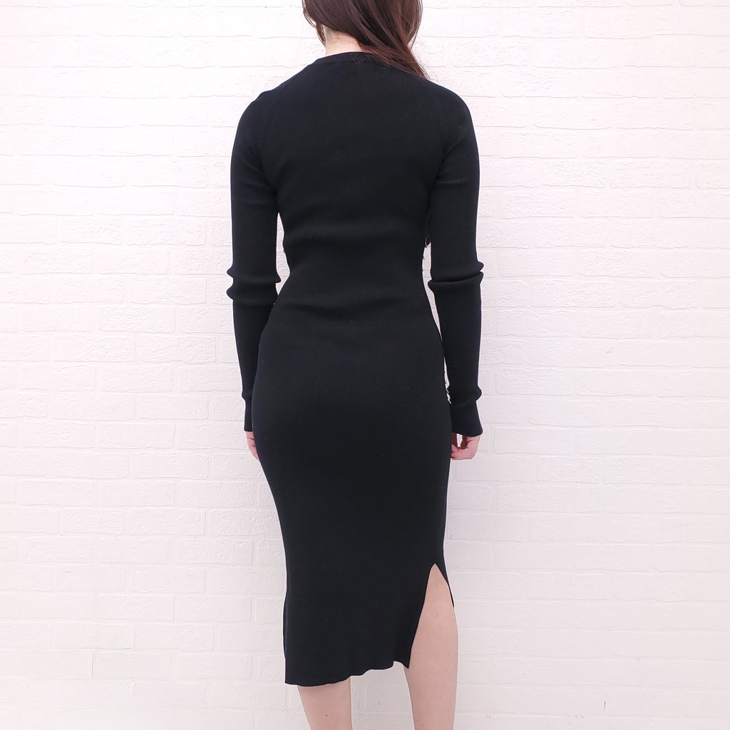 MUGLER BLACK RIBBED LONG SLEEVE DRESS WITH SILVER PIERCING DETAILS - SIZE XL