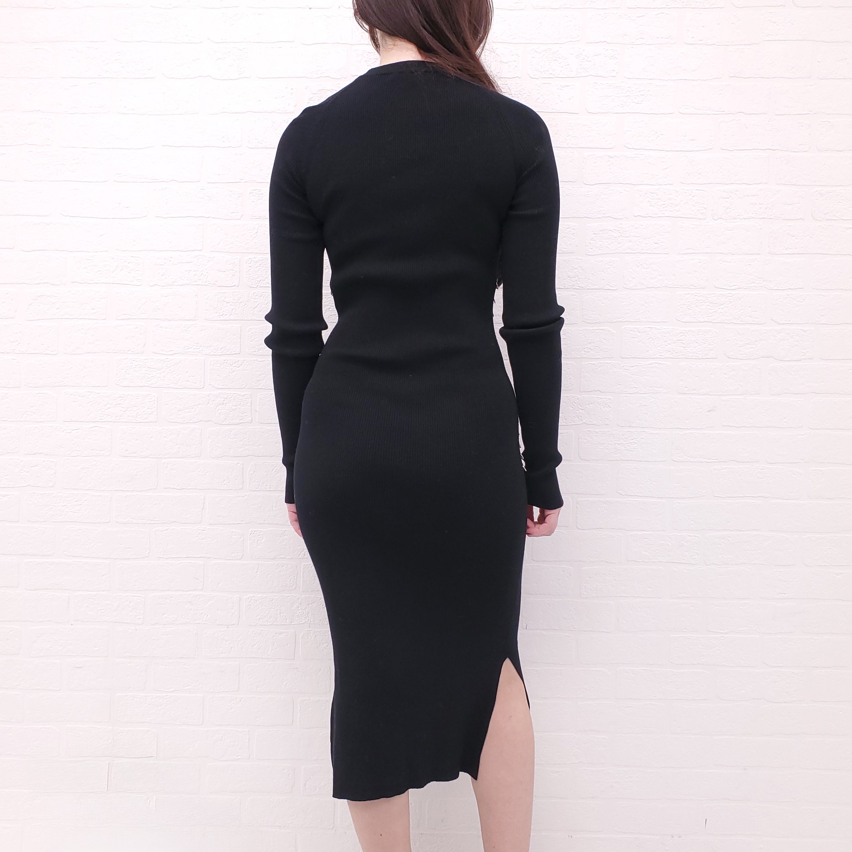 MUGLER BLACK RIBBED LONG SLEEVE DRESS WITH SILVER PIERCING DETAILS - SIZE XL