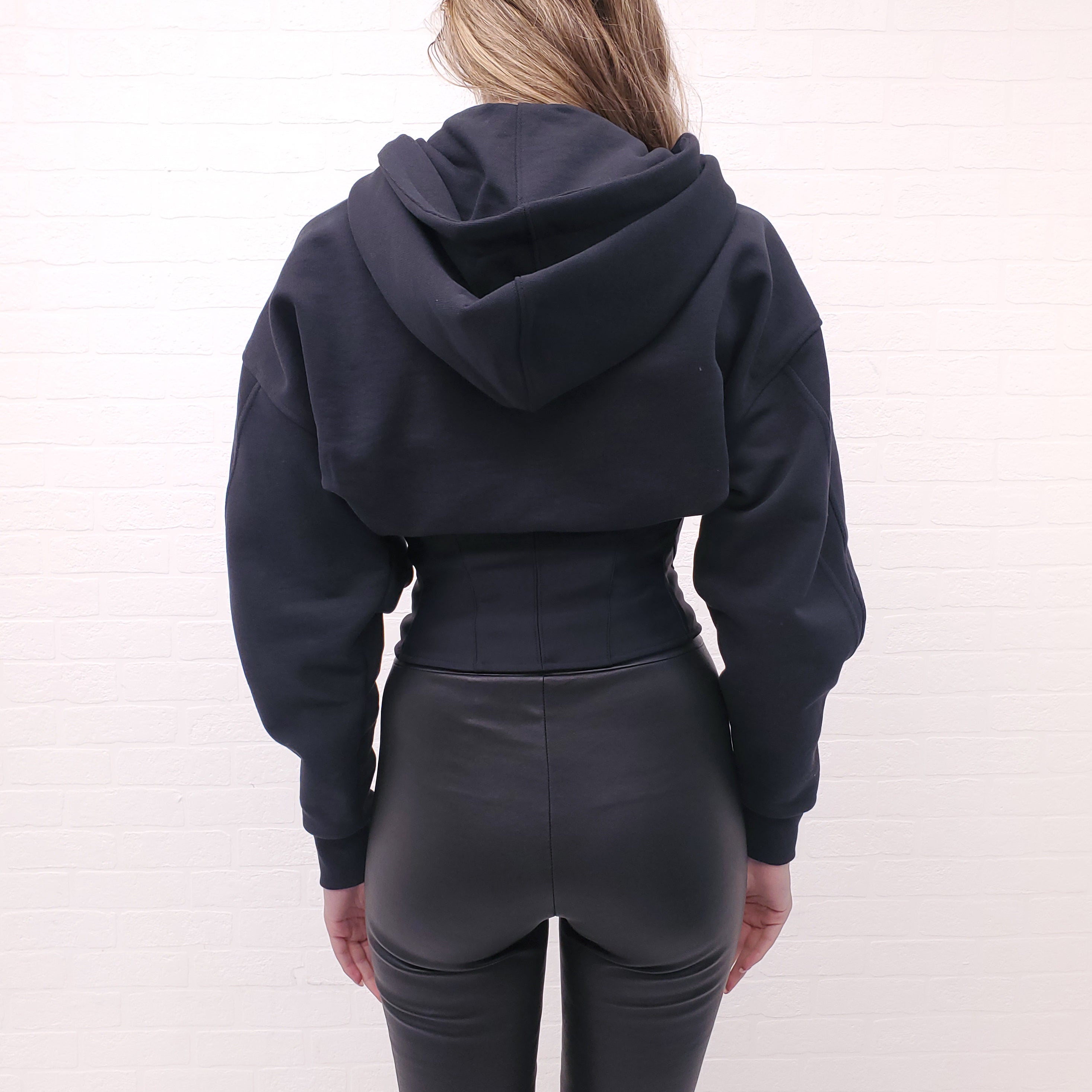 MUGLER BLACK ZIP UP HOODIE WITH CORSET DETAIL - SIZE S