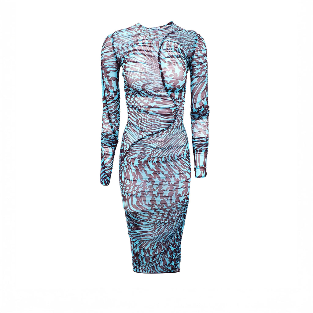 MUGLER BLUE STAR PATTERN RUCHED SHEER DRESS - SIZE 34