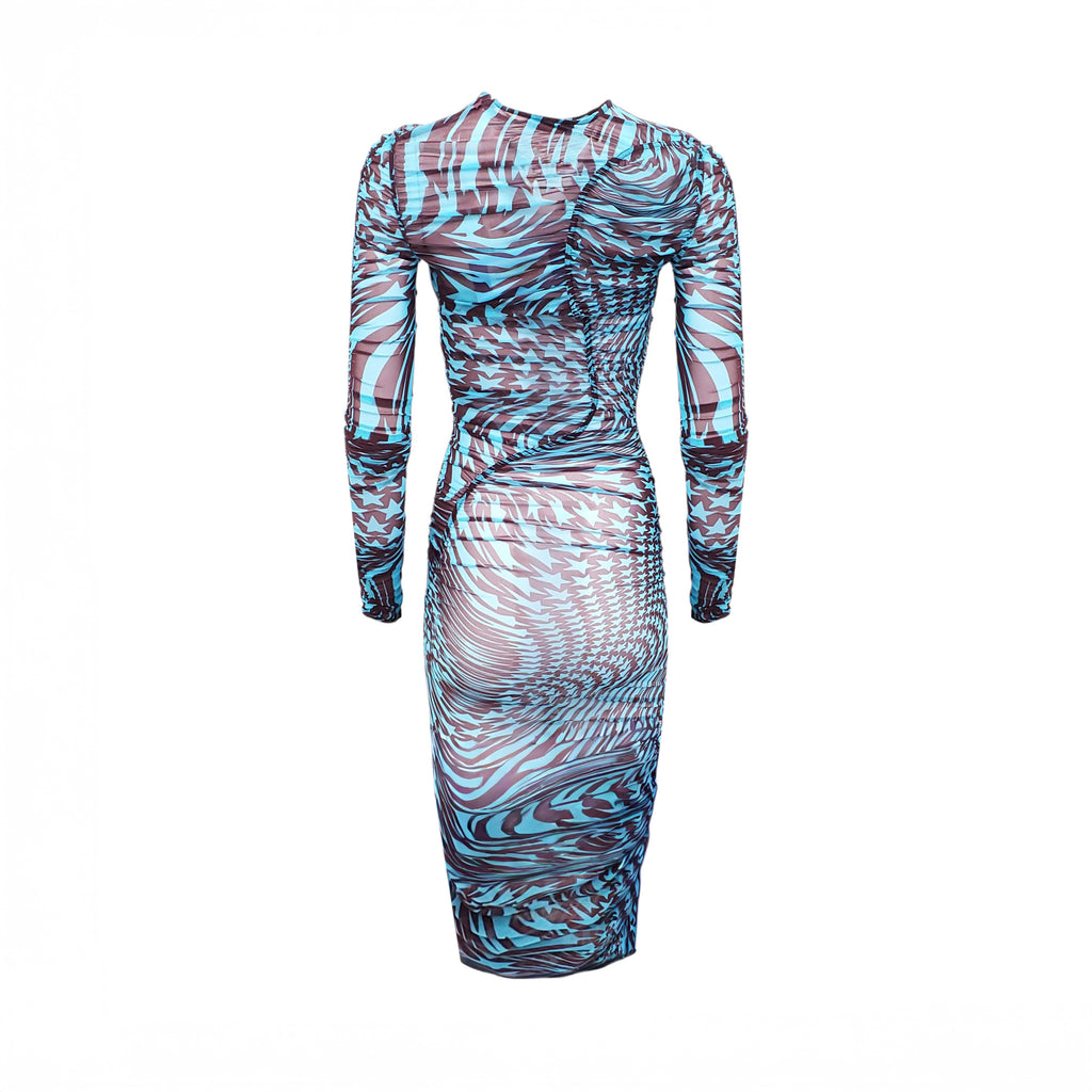 MUGLER BLUE STAR PATTERN RUCHED SHEER DRESS - SIZE 34