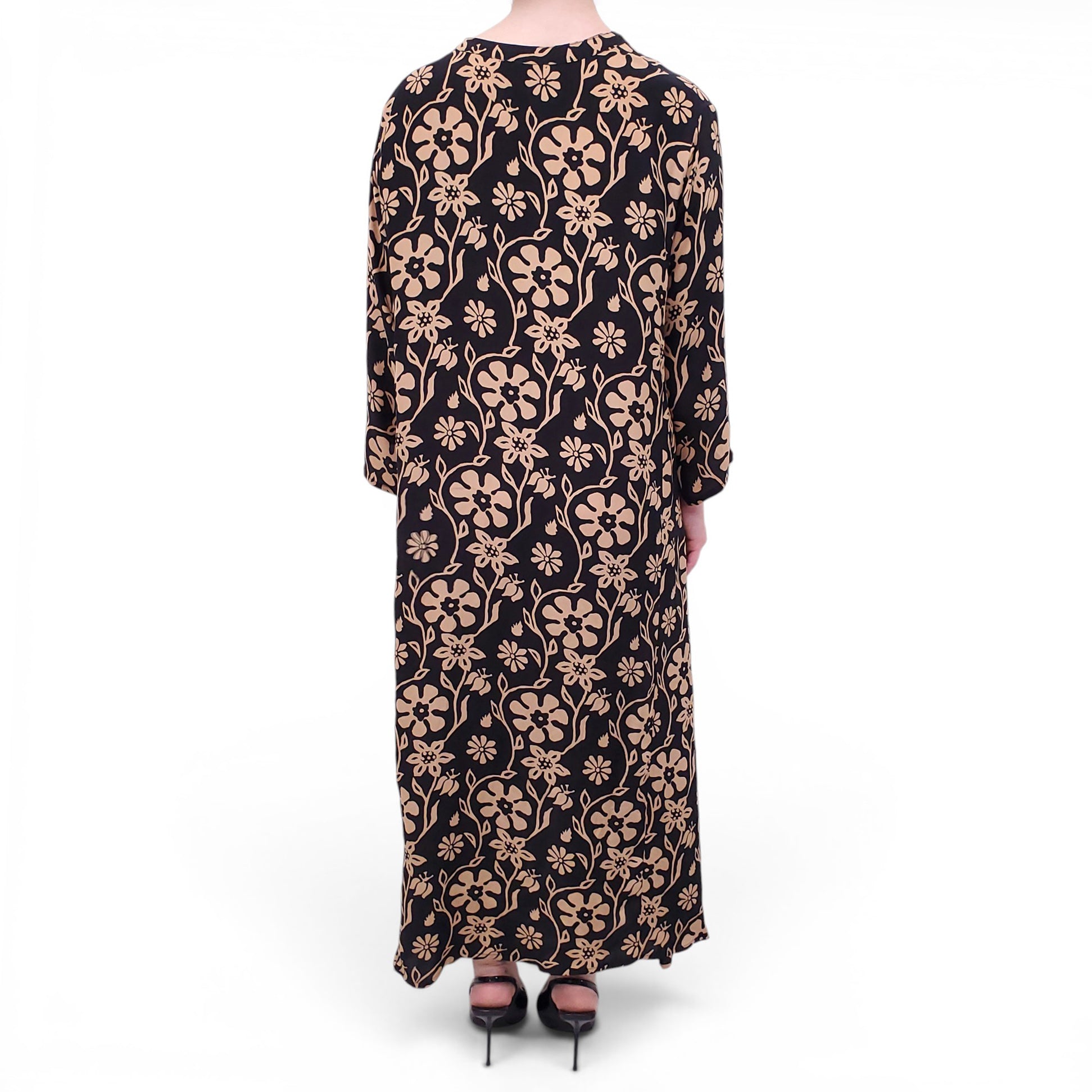 NATALIE MARTIN BLACK AND BROWN FLORAL PATTERNED DRESS - SIZE L