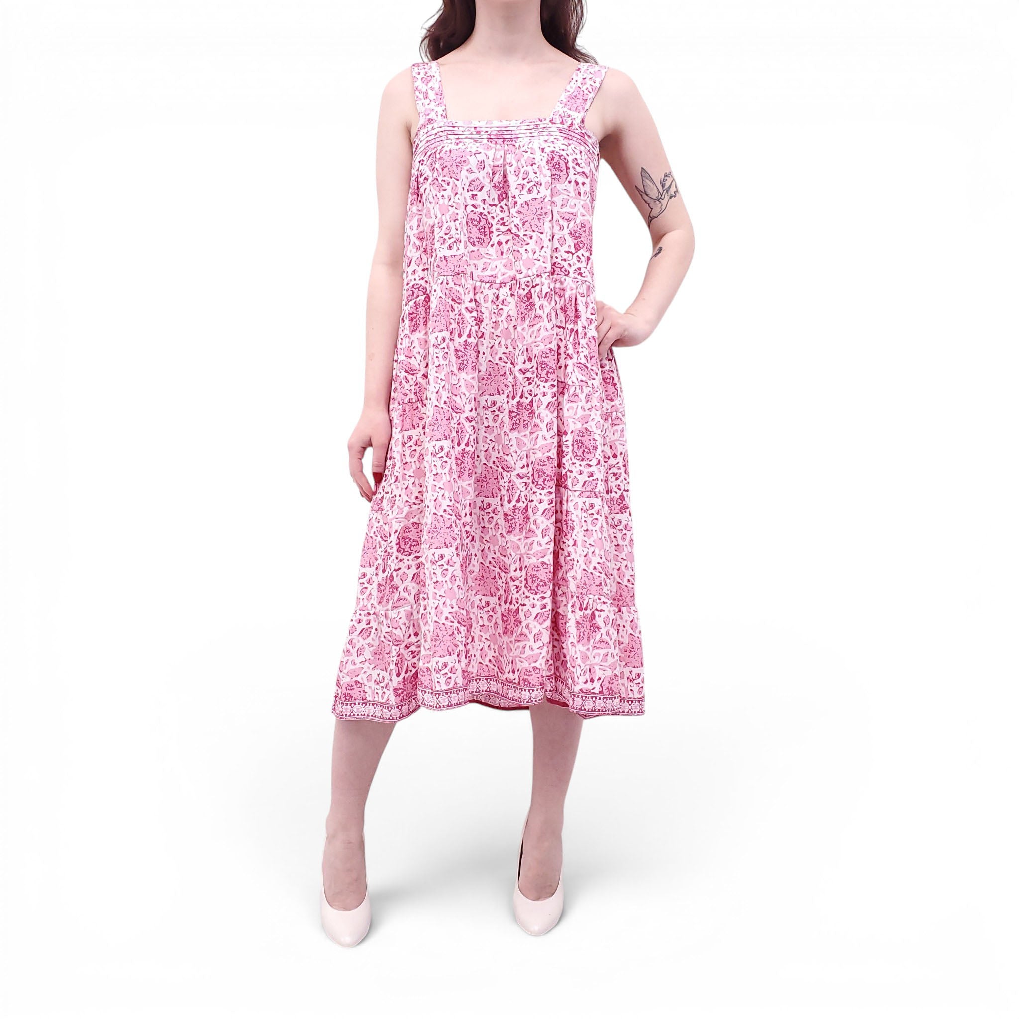 NATALIE MARTIN PINK FLORAL SILK MIDI DRESS - SIZE S