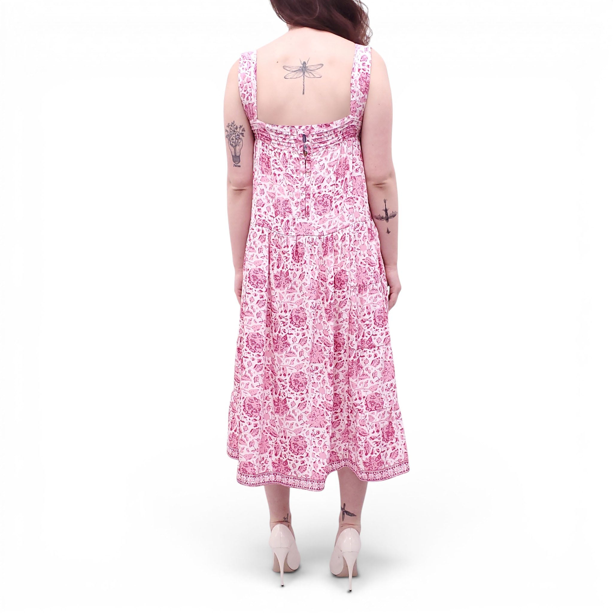 NATALIE MARTIN PINK FLORAL SILK MIDI DRESS - SIZE S